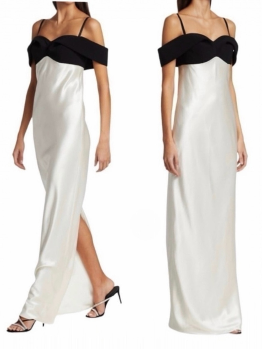 Brandon Maxwell Off-The-Shoulder Silk Draped Black Bow Accent Maxi Dress Gown